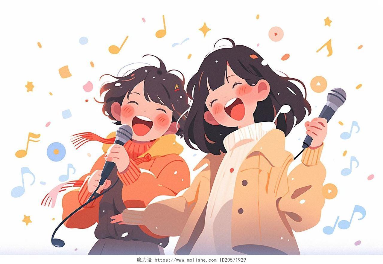 两位女孩开心唱歌卡通AI元素